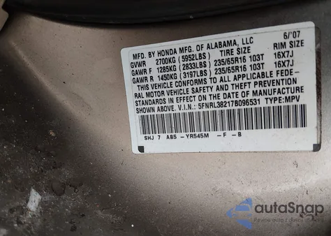 2007 Honda Odyssey Lx from USA, damaged, VIN 5FNRL38217B096531